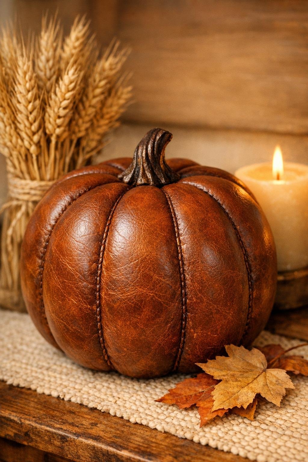 Finished faux leather harvest pumpkin styled on a fall entry table