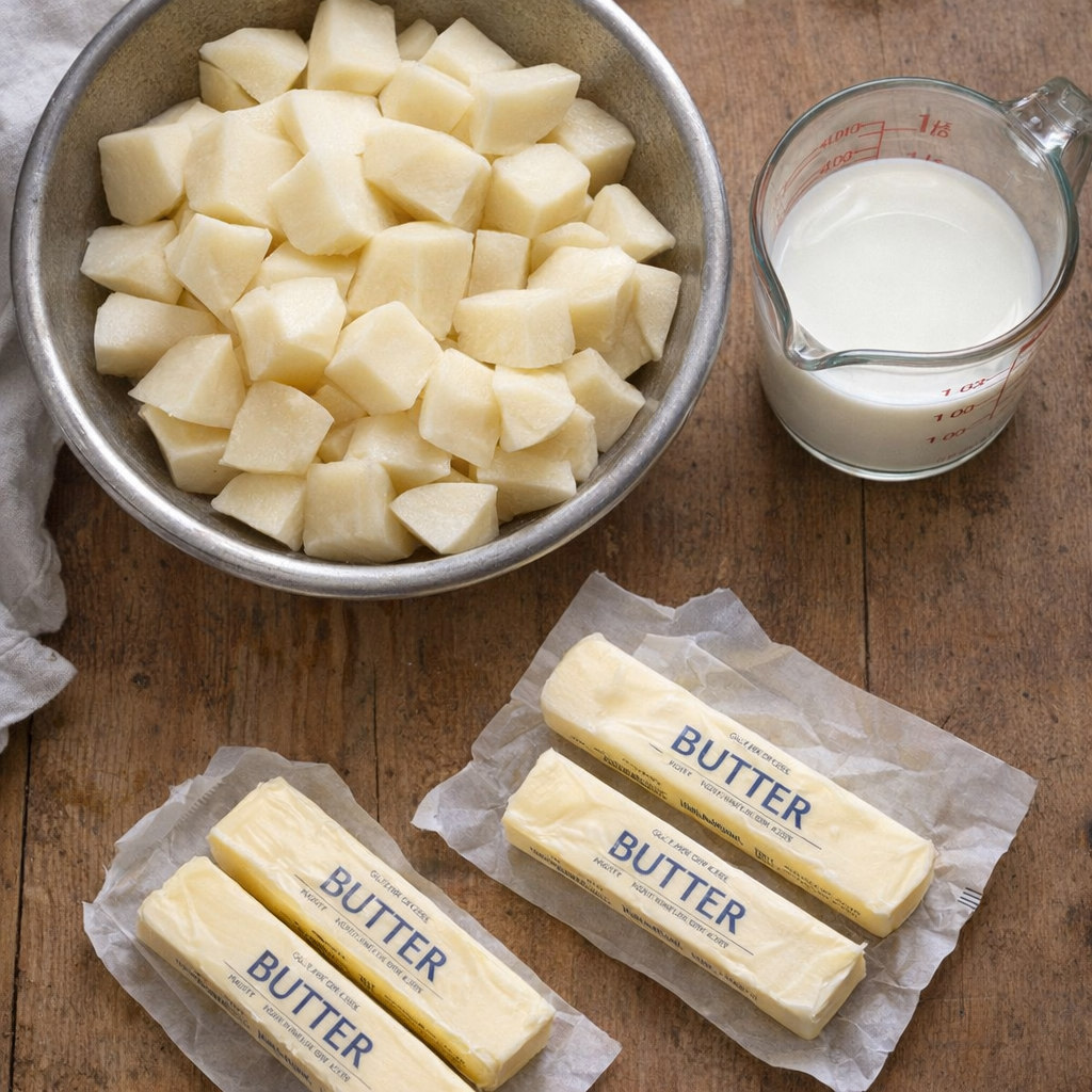 Peeled potatoes, butter, and milk on a kitchen table
