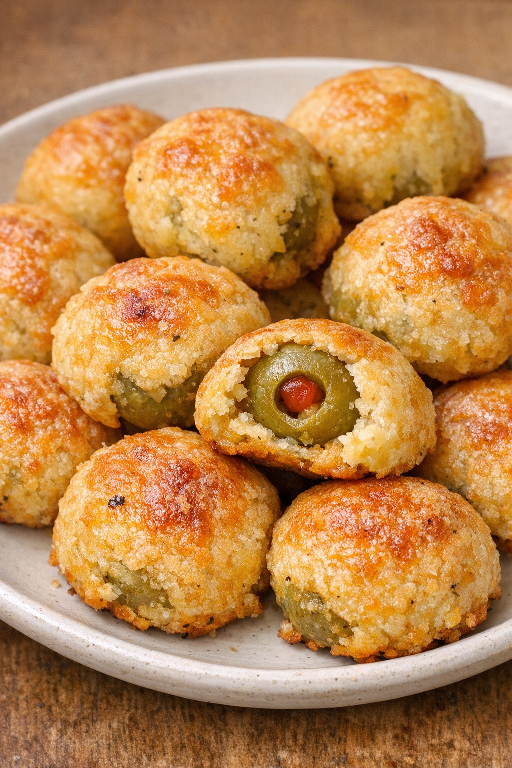 Southern 3-ingredient baked cheese olives on a white ceramic plate