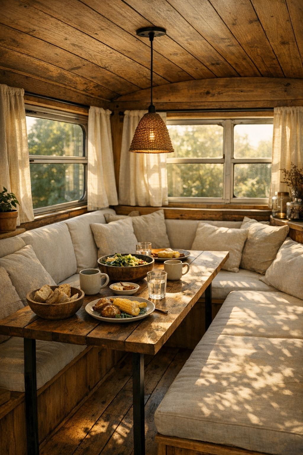 Cozy bus dining nook with banquette seating and a reclaimed wood table