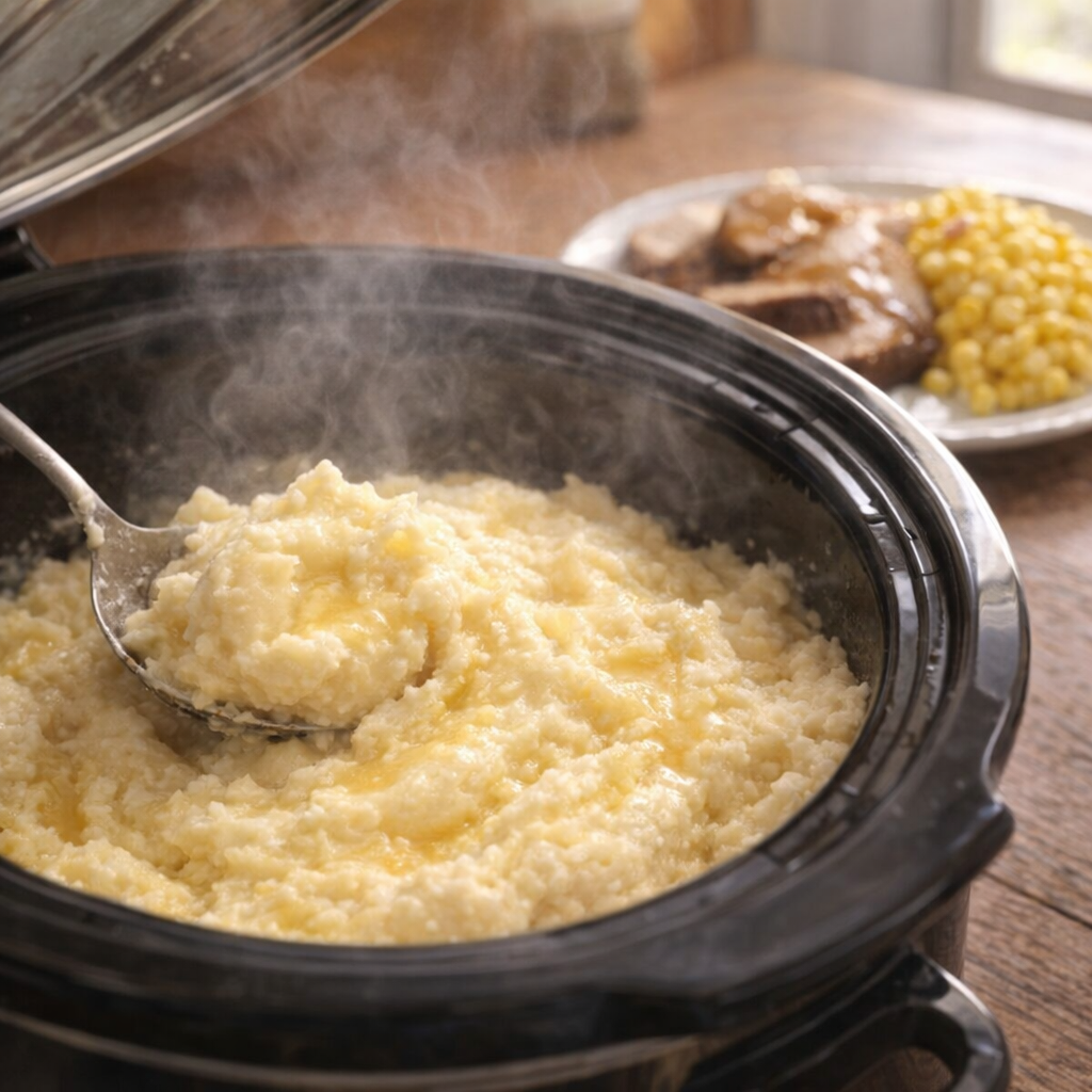 Mashed potatoes served from a slow cooker with a Sunday supper plate nearby
