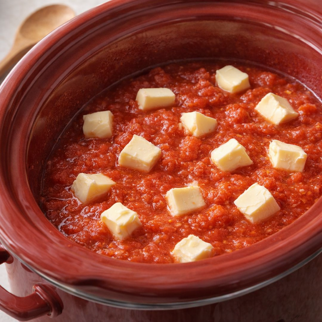 Slow cooker prepared with tomatoes and butter