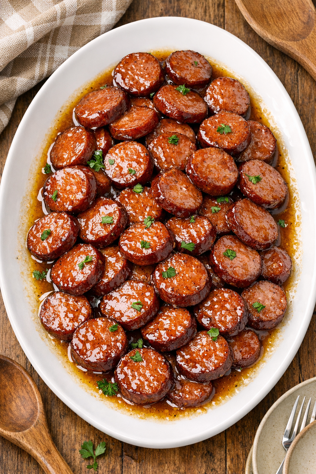 Finished glazed smoked sausage served on a platter