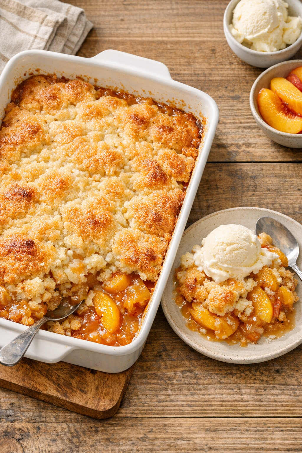 Finished peach cobbler with golden cake mix topping