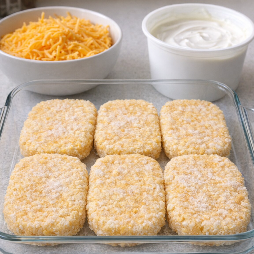 Simple ingredients for hash brown casserole arranged on a countertop