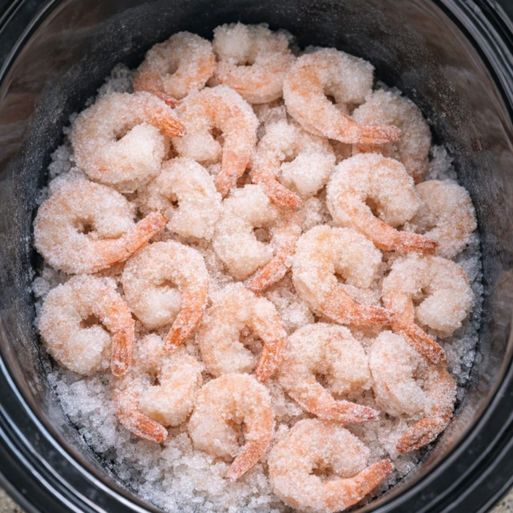 Frozen shrimp arranged in a slow cooker before cooking