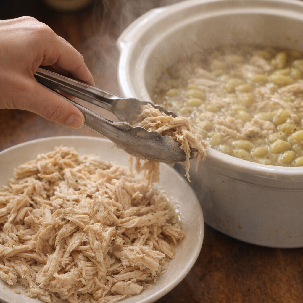 Shredded chicken being returned to the slow cooker