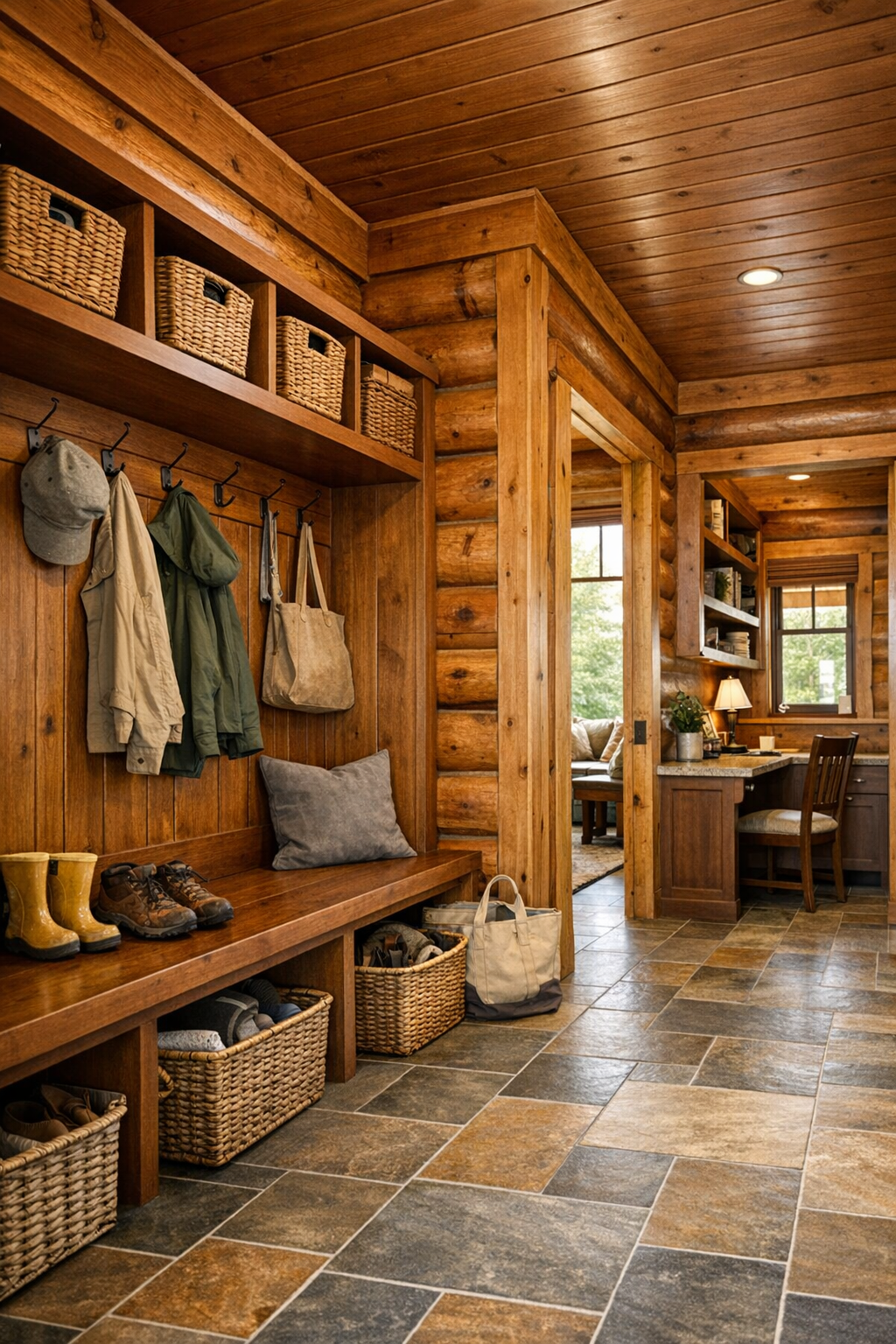 Functional mudroom and hallway area with built-in storage in a log home