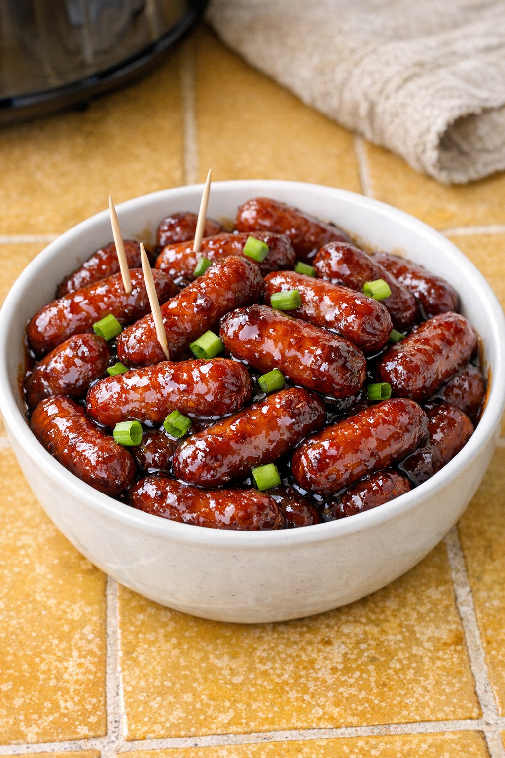 Finished firecracker cocktail sausages in a serving dish