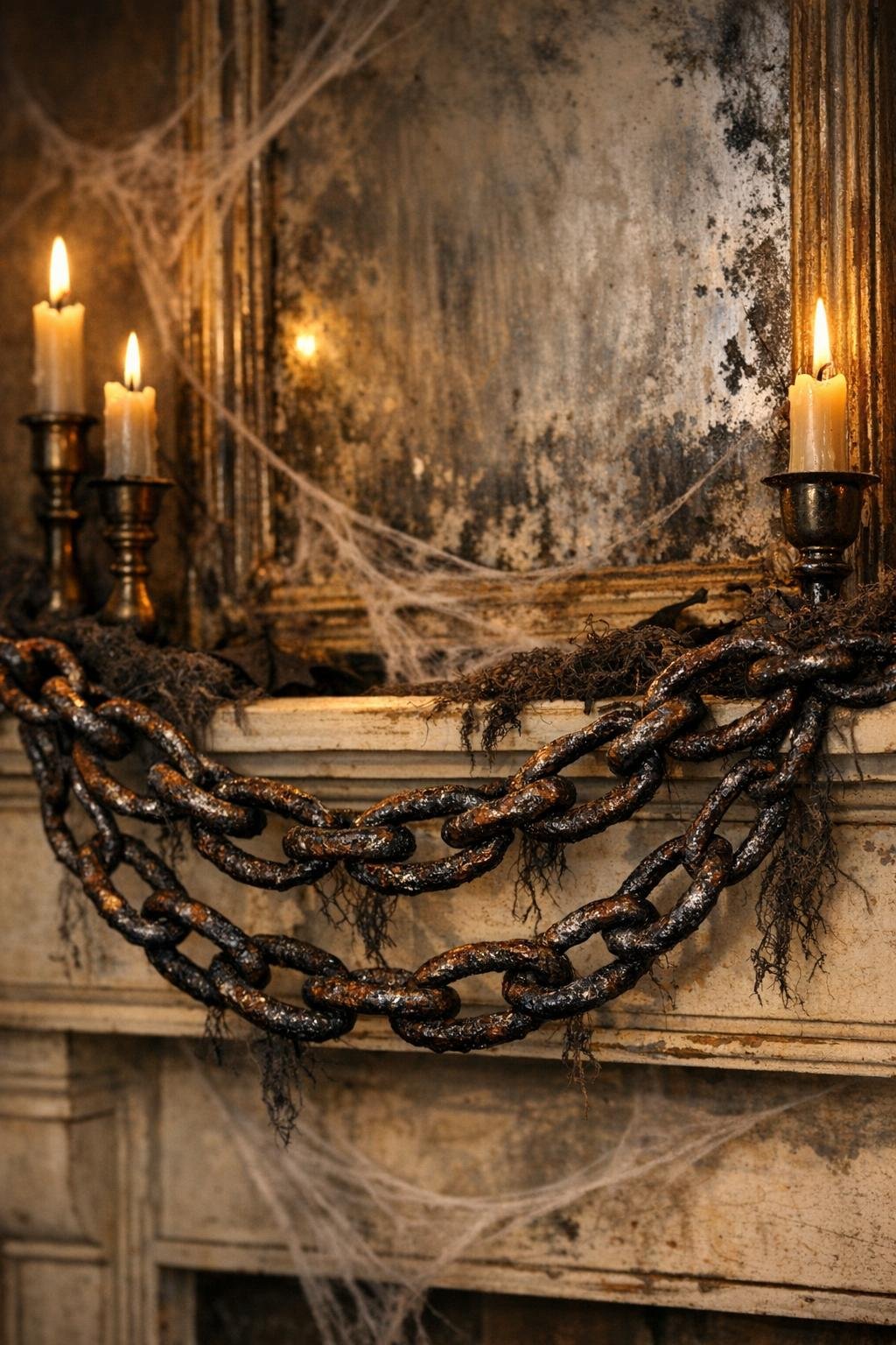 Finished rusty haunted chain garland draped across a mantel for Halloween