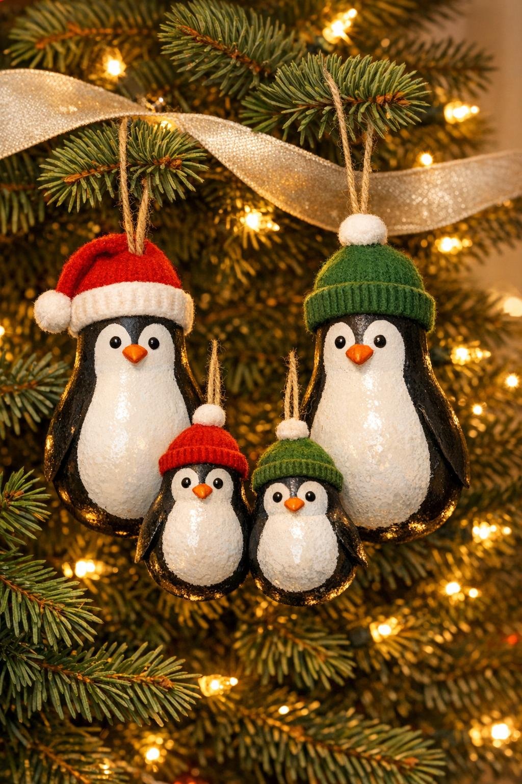 Finished painted penguin ornament family hanging on a Christmas tree