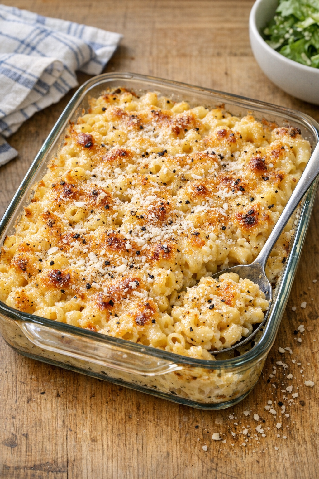 Finished baked parmesan peppercorn macaroni in a casserole dish