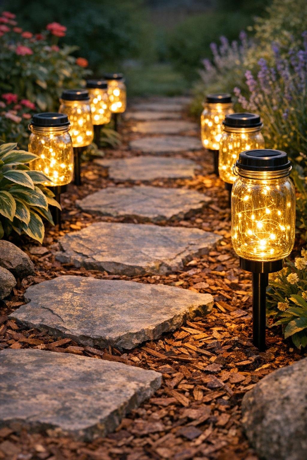 Finished DIY garden pathway lights made from glass jars over solar stakes