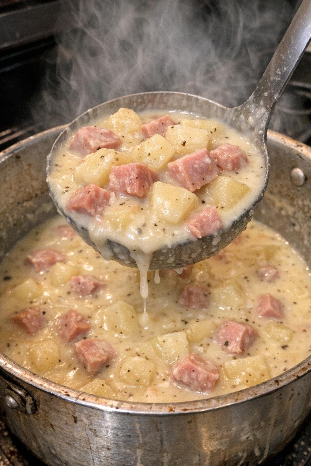 Thick creamy ham and potato chowder in a pot