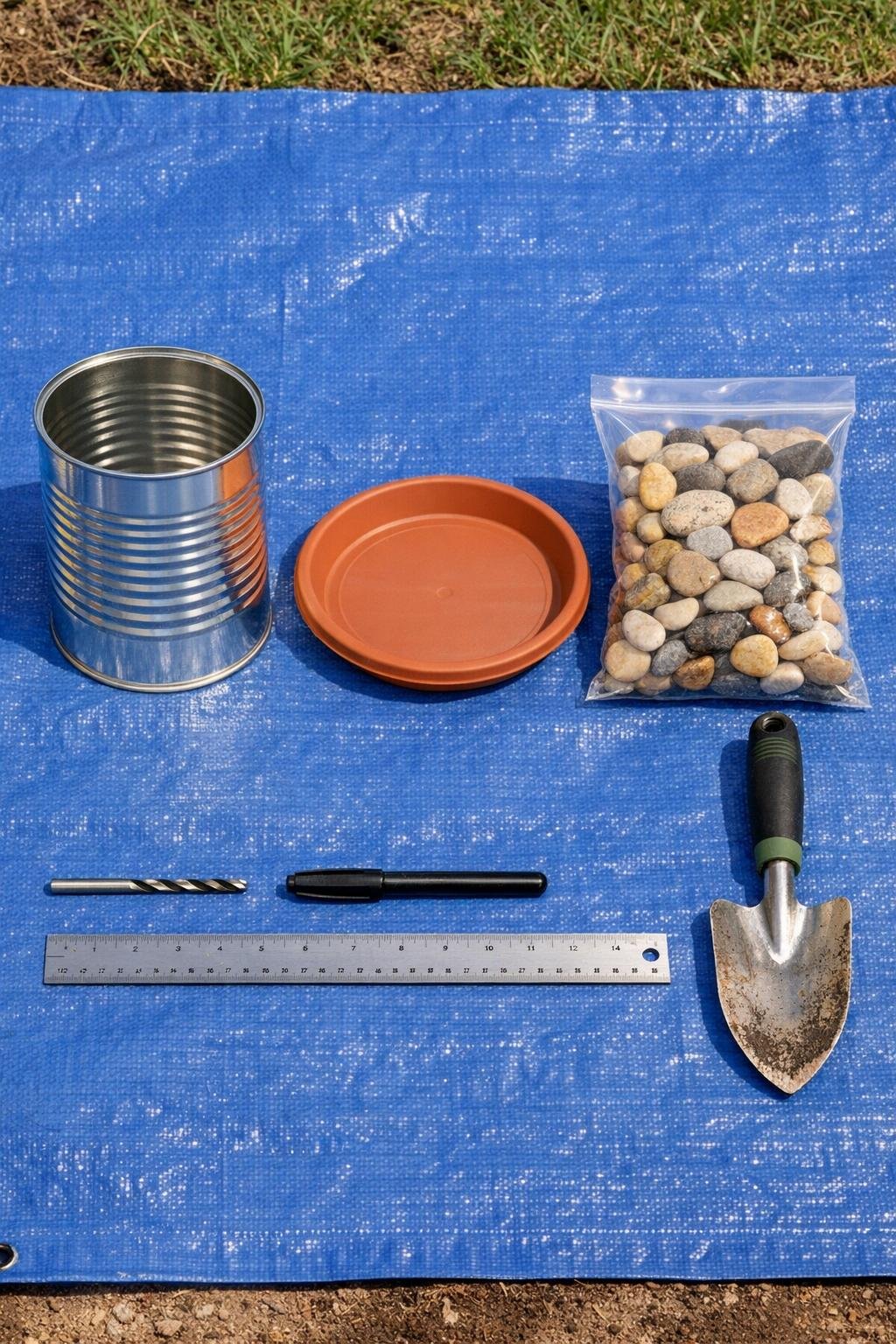 Materials laid out for a DIY worm tower