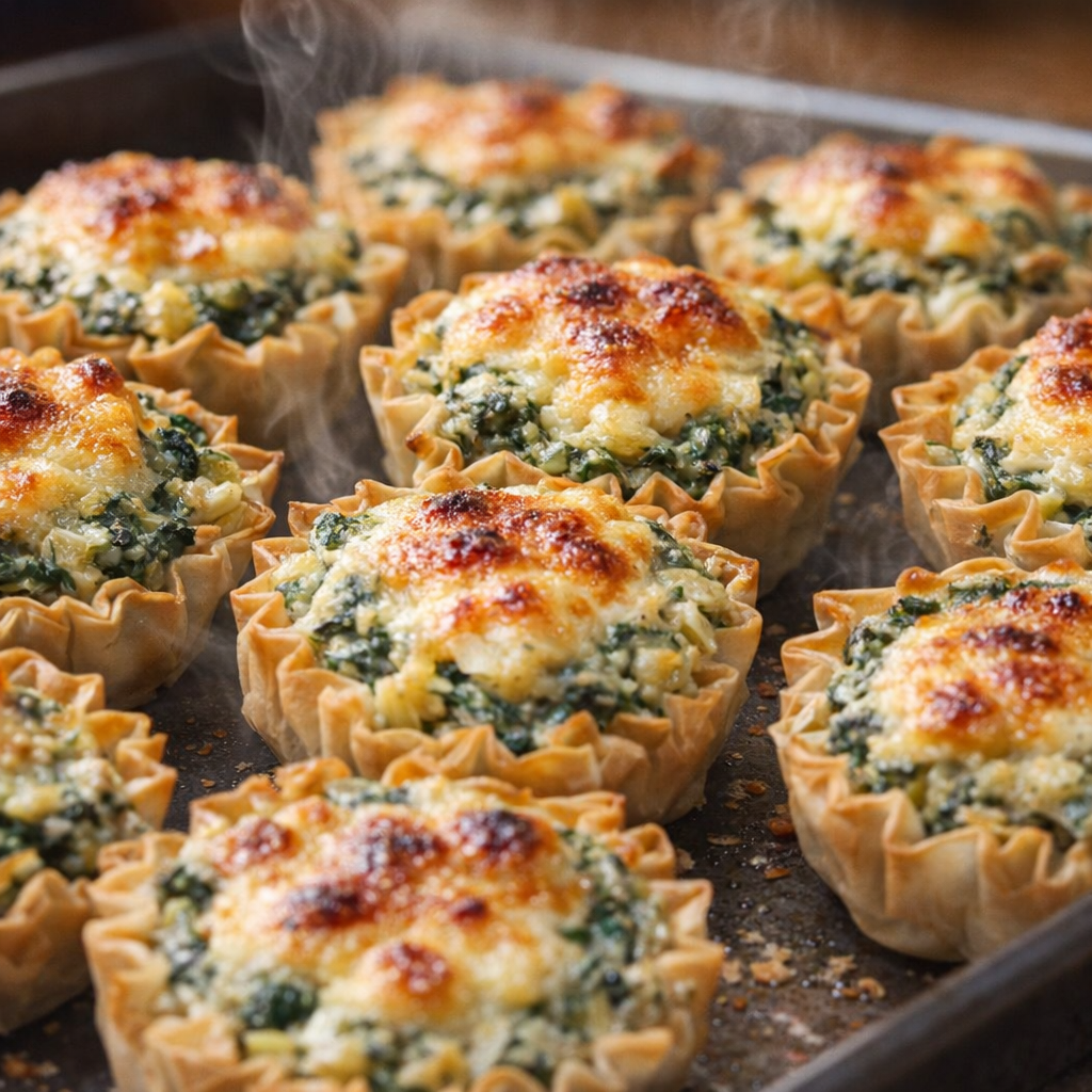 Freshly baked spinach artichoke cups with golden tops on a baking sheet