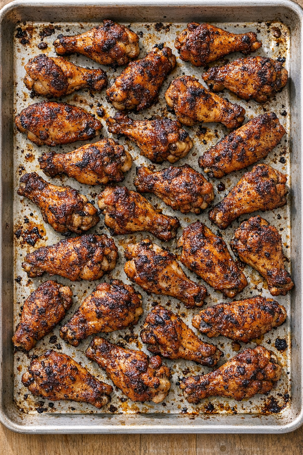 Finished baked chicken wingettes and drumettes on a metal baking sheet