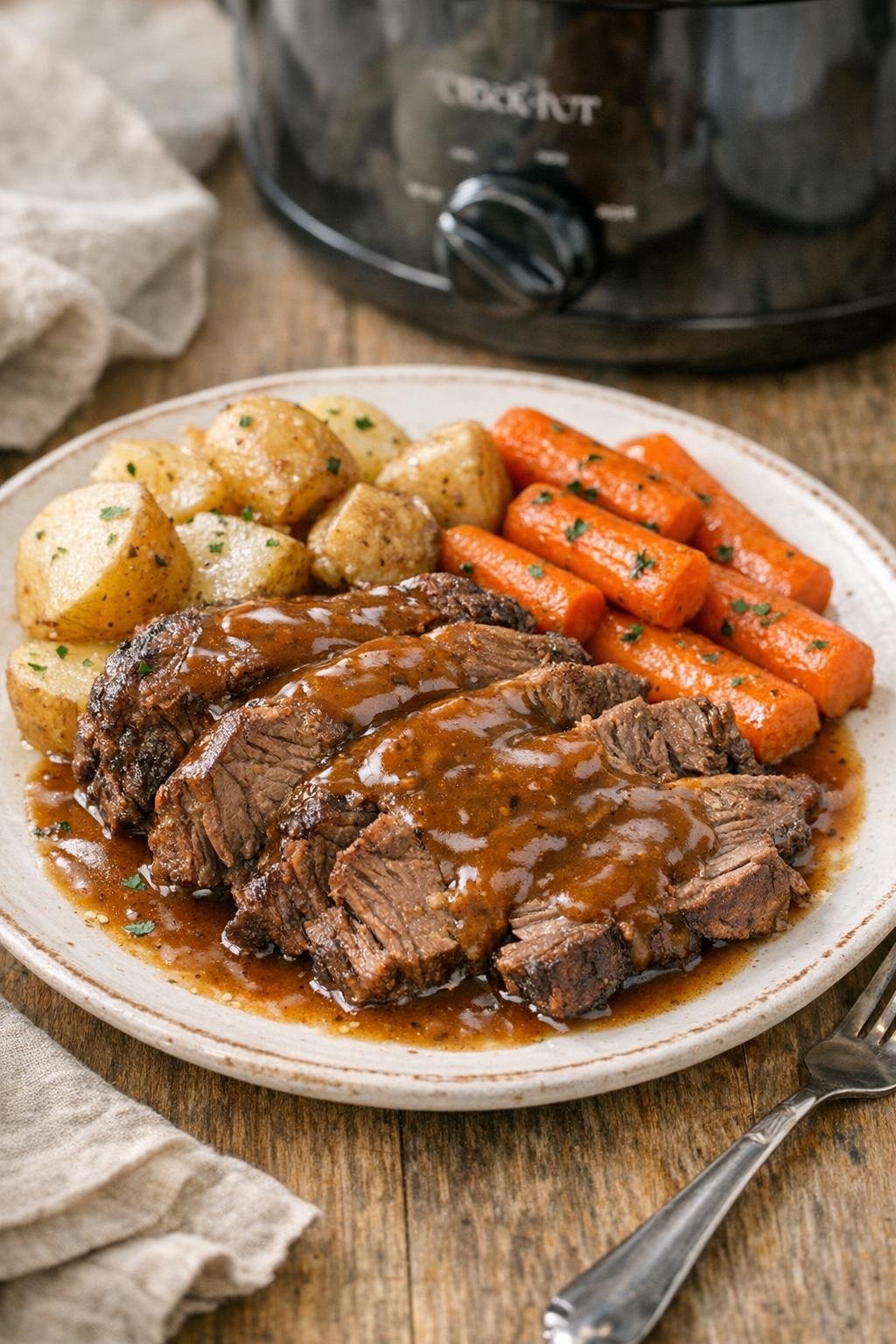 Finished slow cooker beef roast plated with gravy