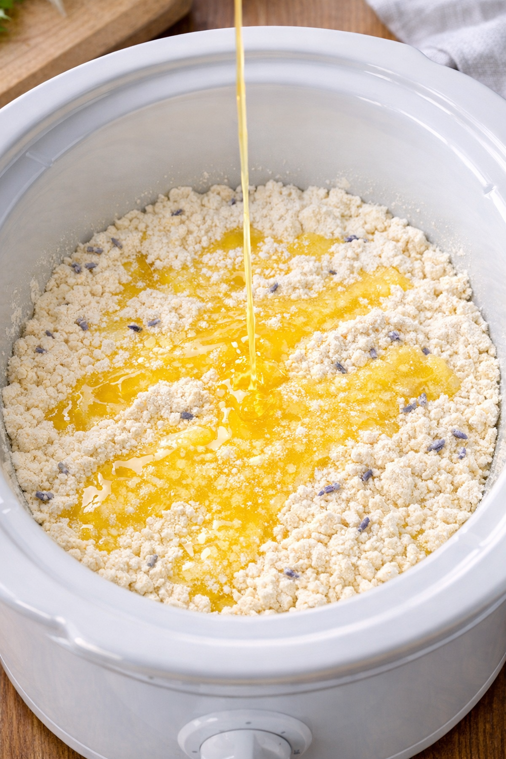 Melted butter drizzled over cake mix in slow cooker