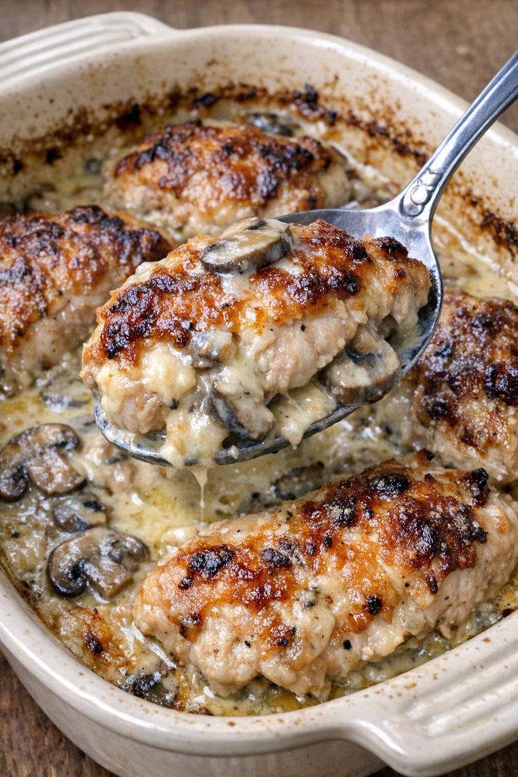 Chicken Madison baked in a ceramic dish with creamy mushroom sauce