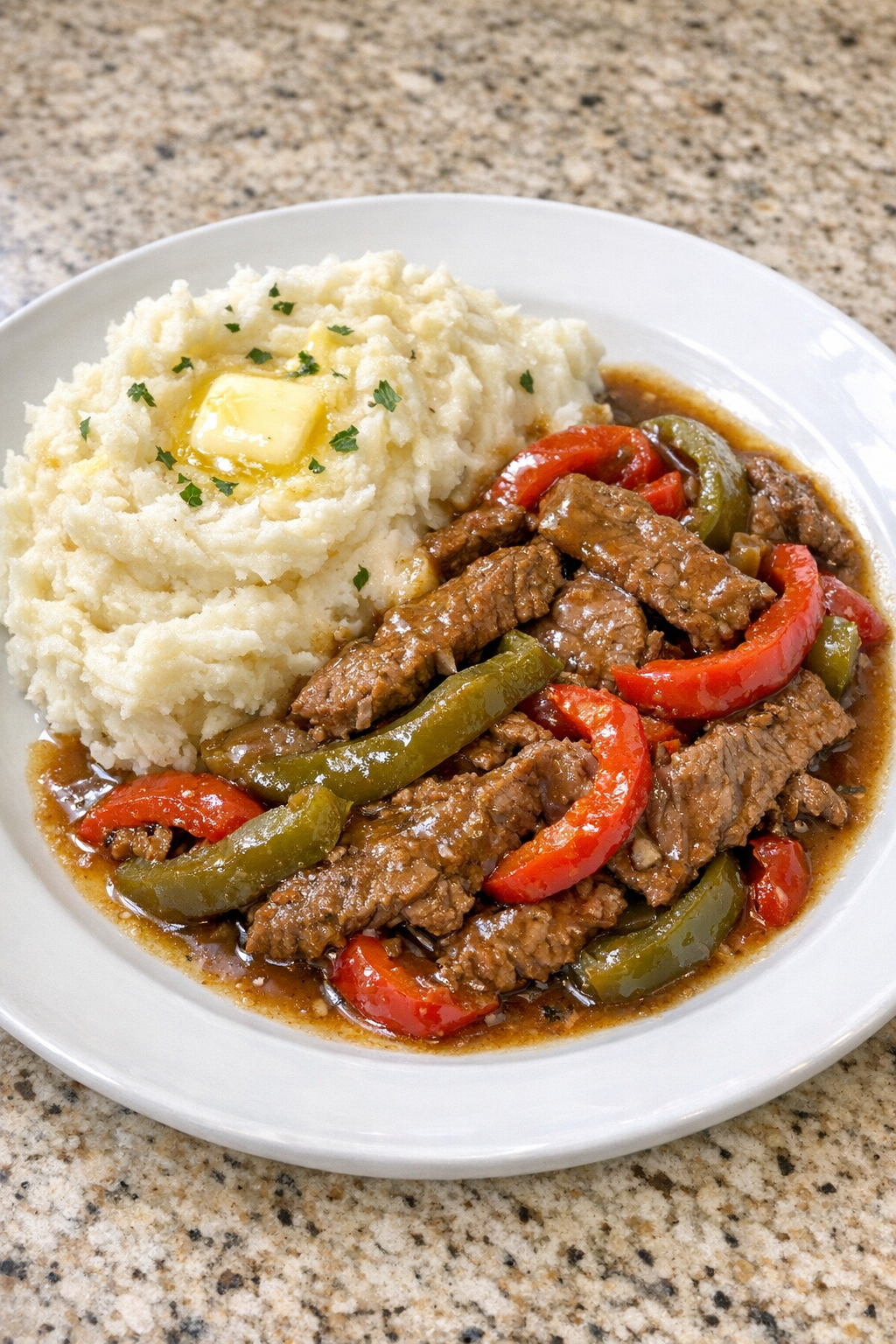 Finished Amish pepper steak plated with tender beef, bell peppers, and glossy gravy