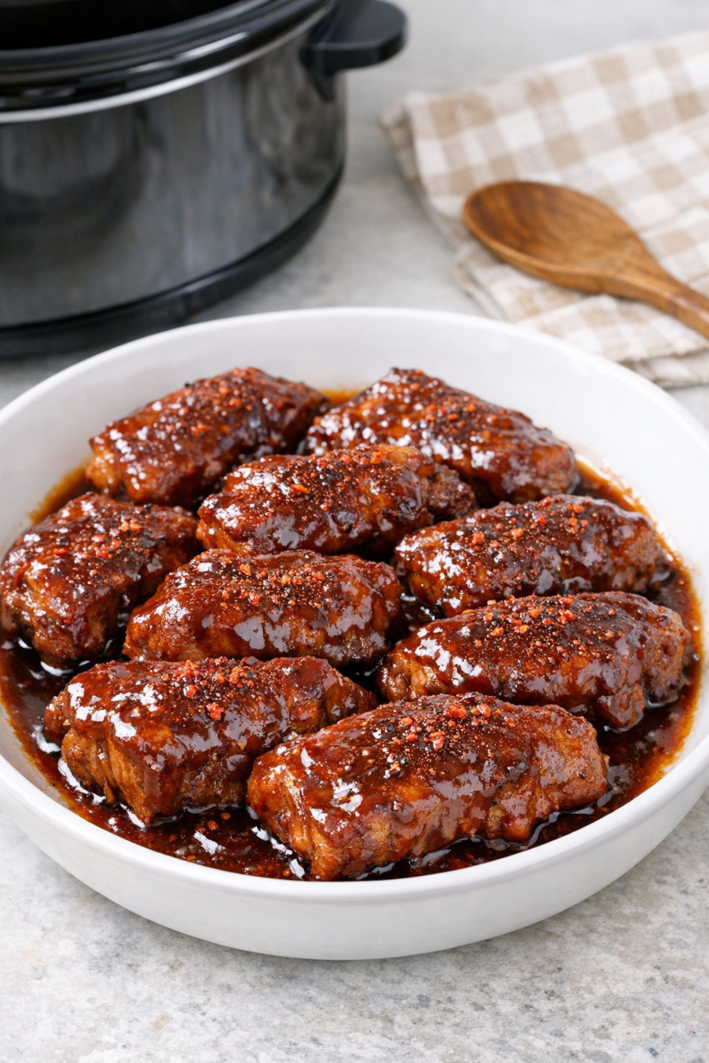 Finished slow cooker boneless pork ribs plated with sauce