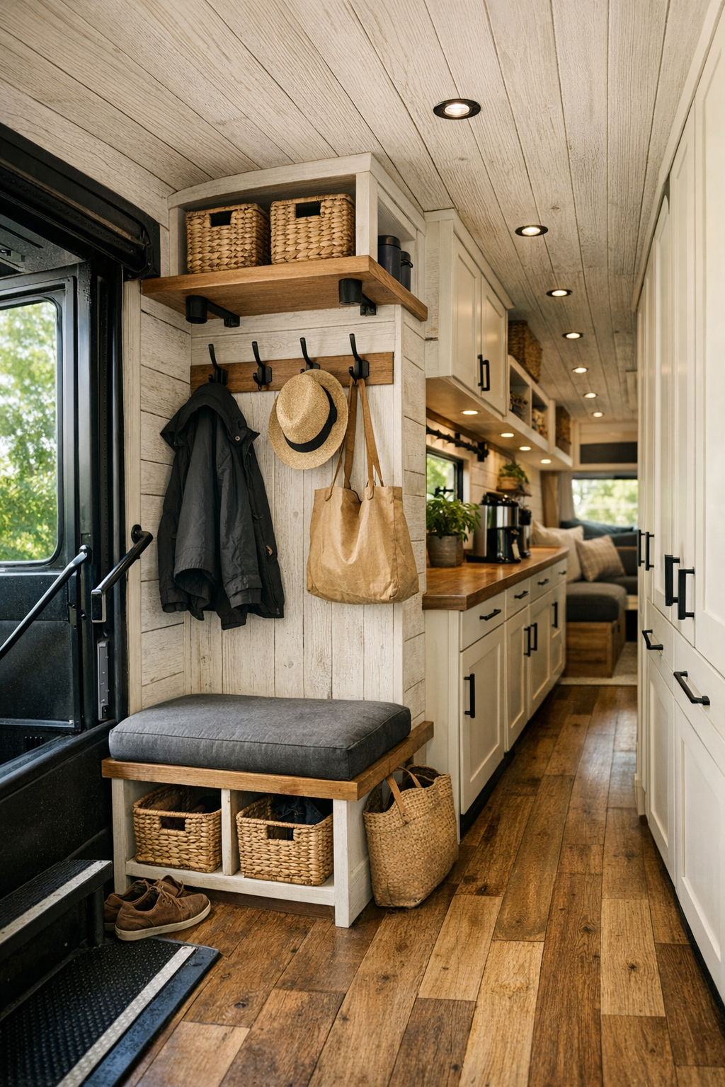 Smart storage and entry details inside a converted bus