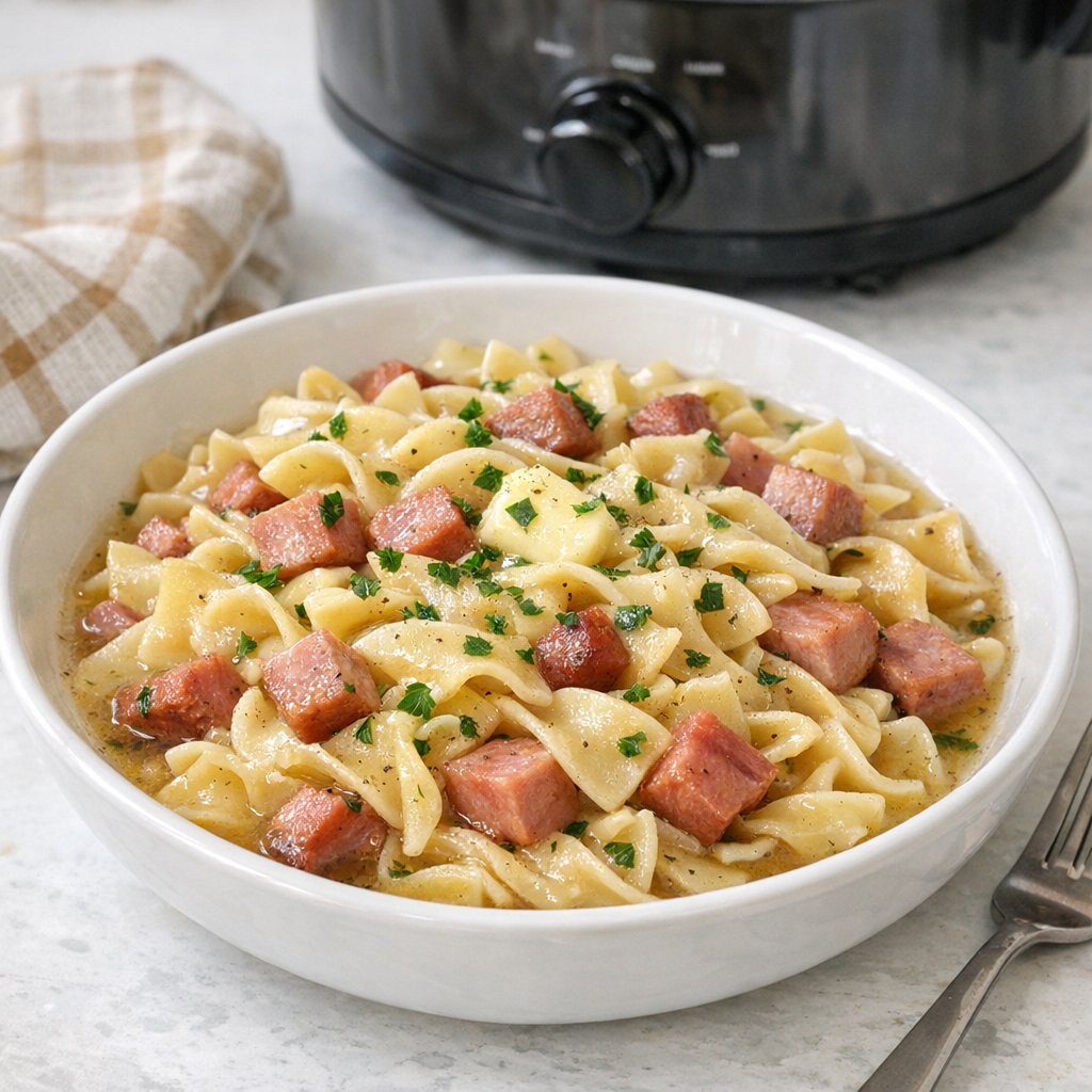 Finished plated ham pasta in a cozy farmhouse style