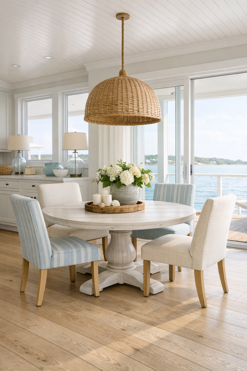 Airy coastal dining room with a round oak table, upholstered chairs, and a woven pendant light