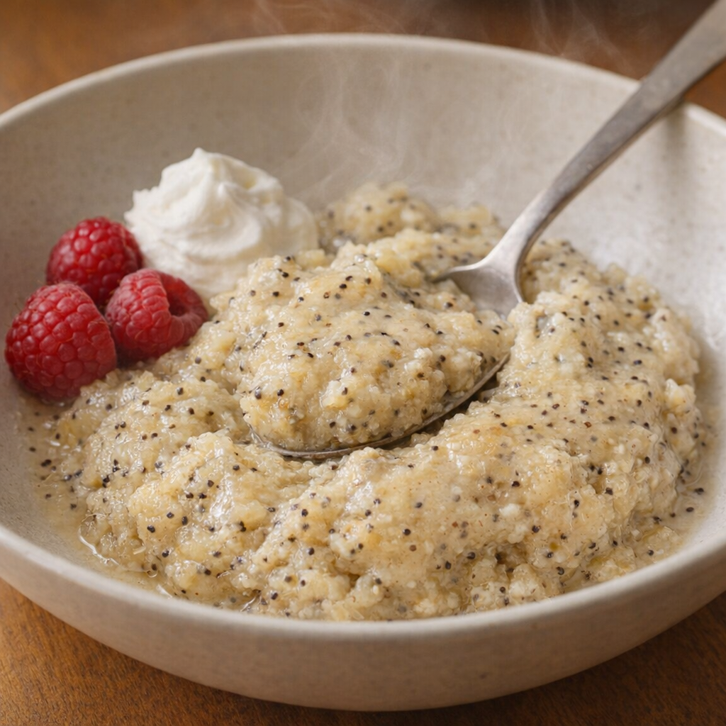 Warm poppy seed pudding cake scooped into a bowl