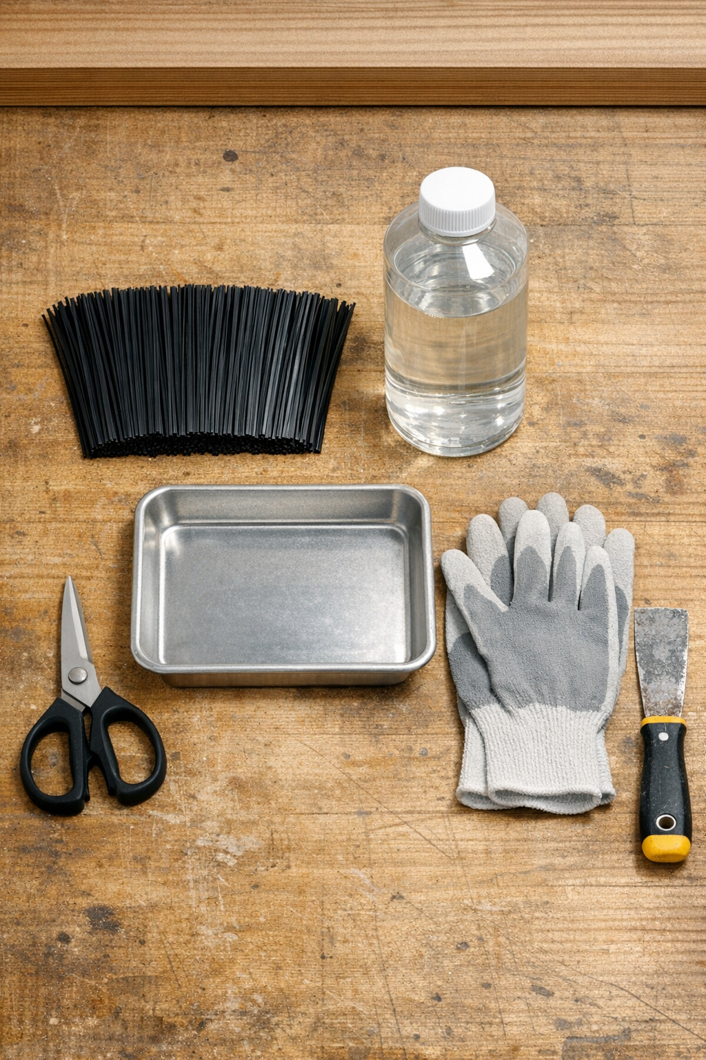 Broom bristles and liquid binder laid out with basic tools