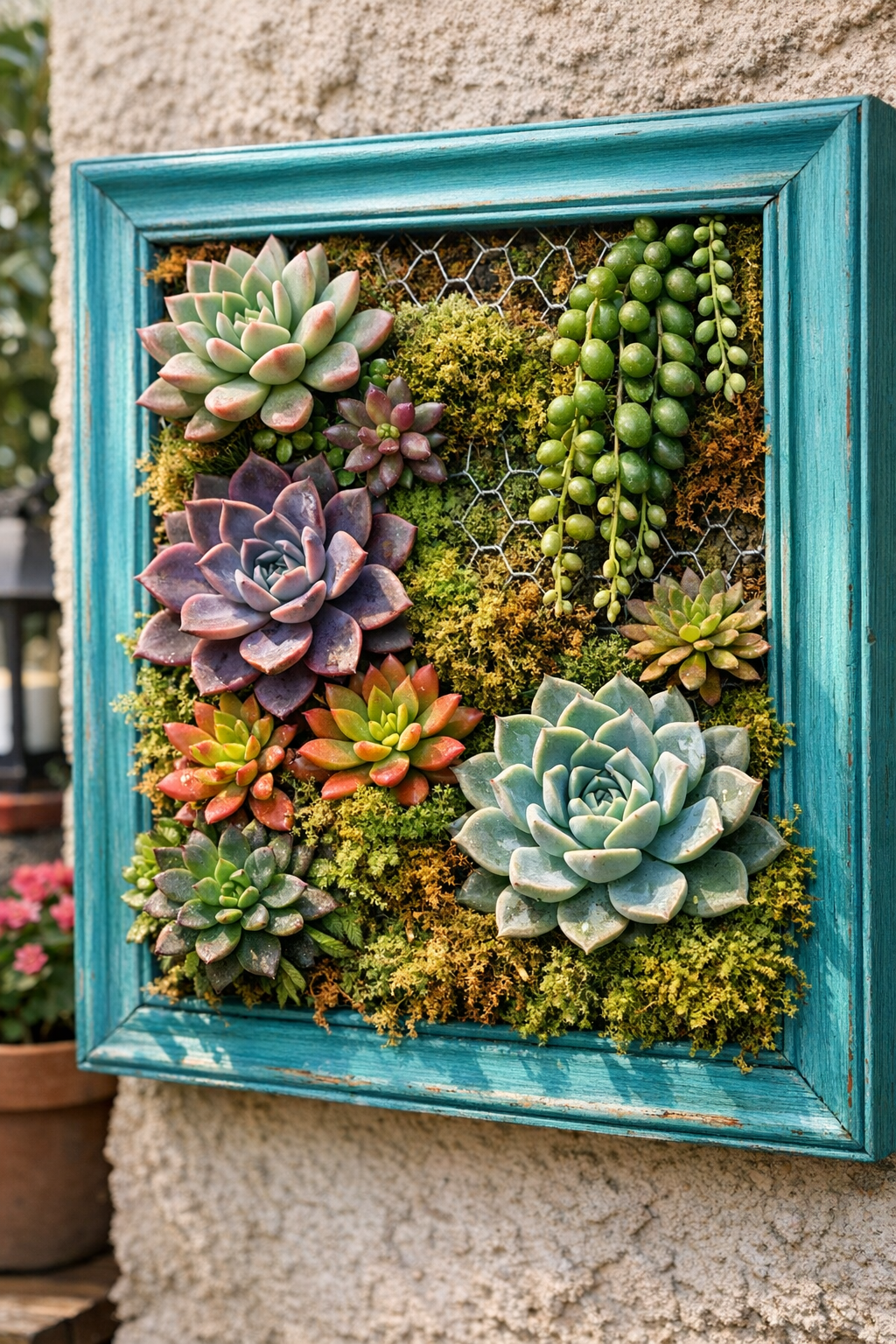Finished vertical succulent wall in a painted wooden picture frame