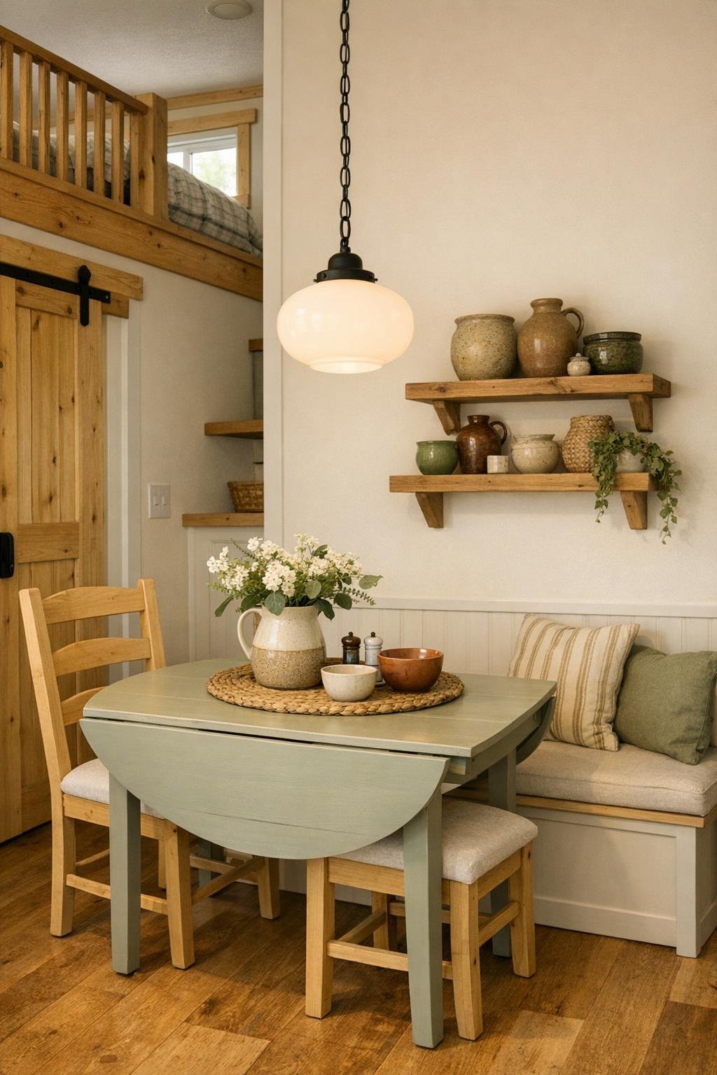 Small dining area with a drop-leaf table and cozy cottage details