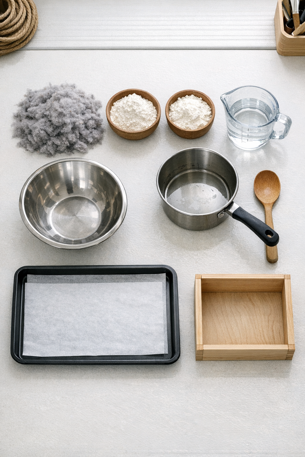 Dryer lint, flour, cornstarch, water, and basic tools arranged for making acoustic panels