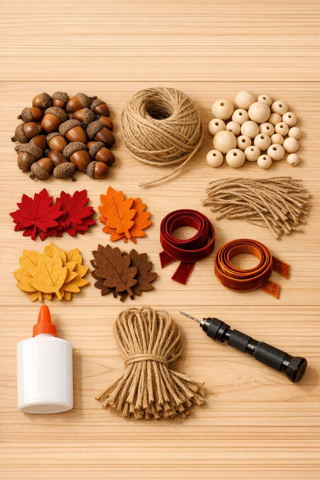Materials for an acorn autumn garland laid out on a table