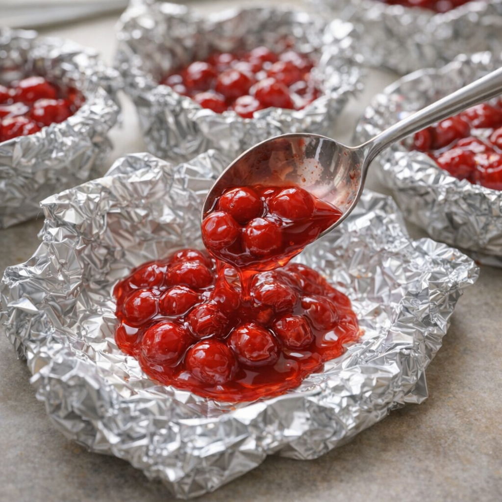 Cherry pie filling spooned onto foil sheets