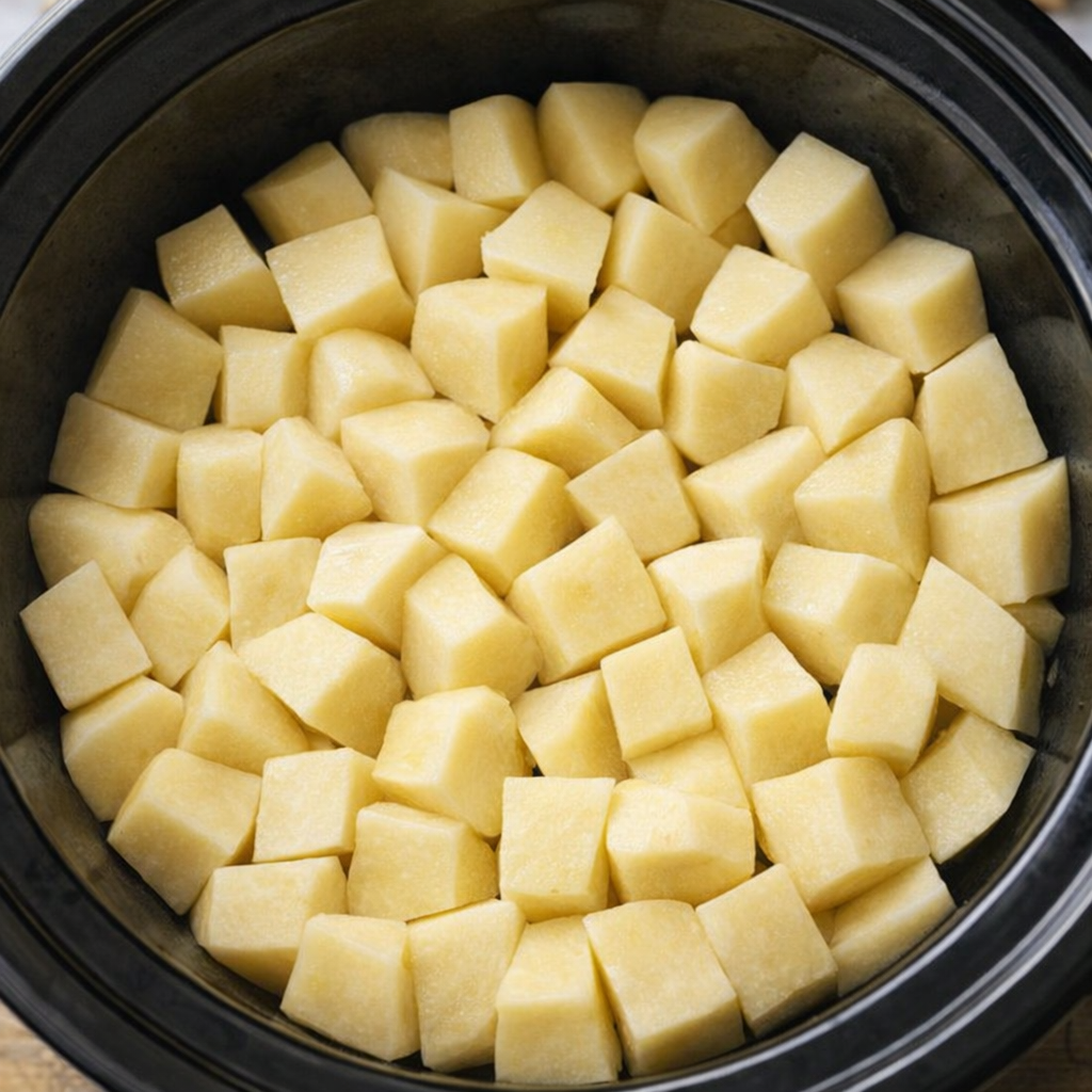 Raw potatoes layered in a slow cooker