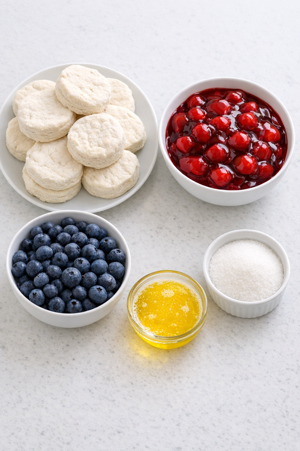 Measured ingredients for biscuit berry slow cooker dessert