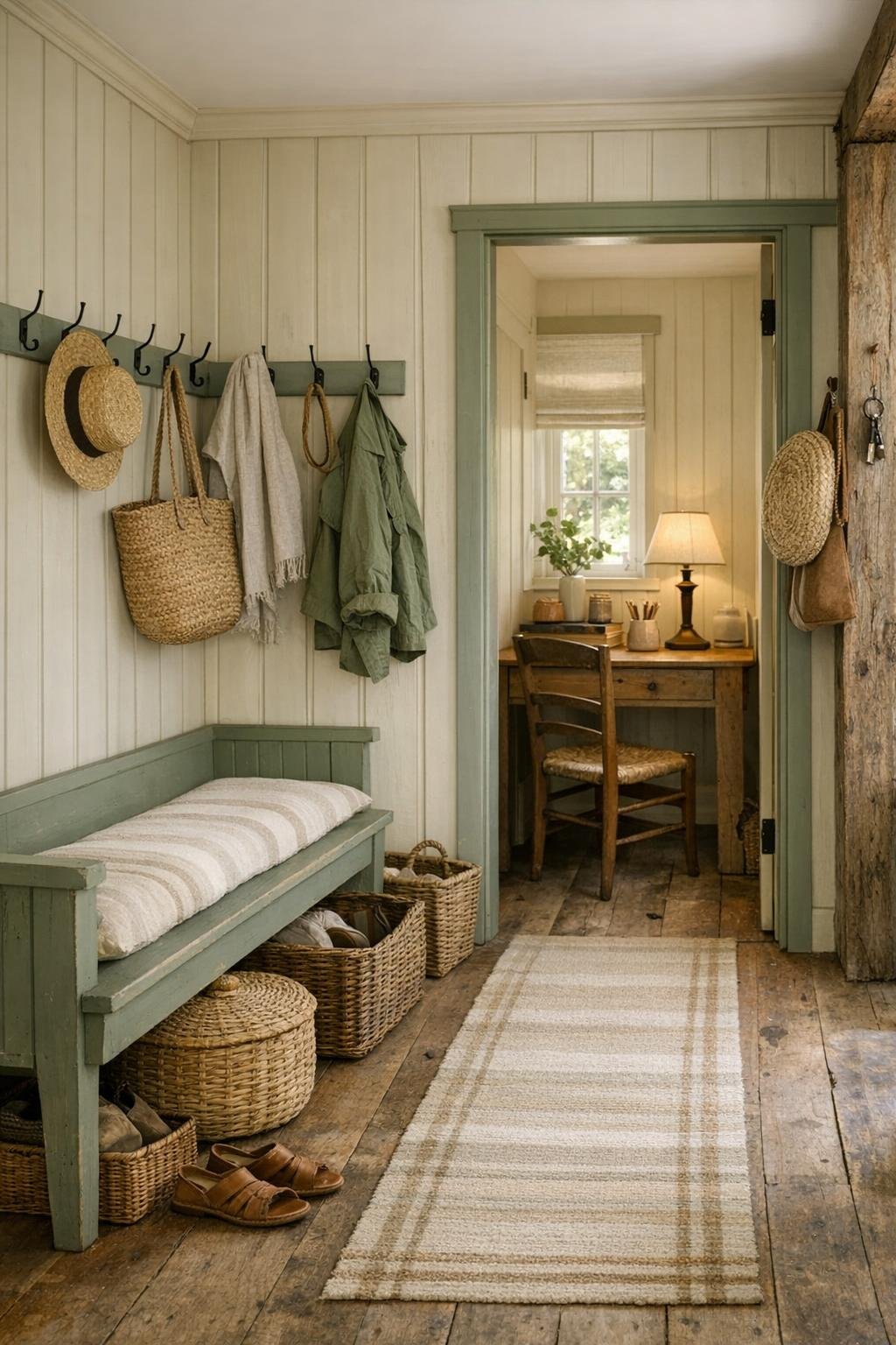 Cottage entry and work nook with bench, hooks, and small wooden desk