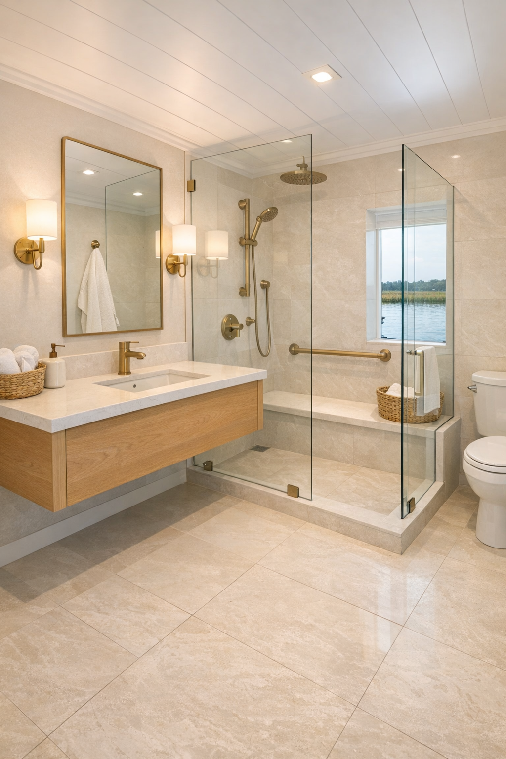 Accessible bathroom with curbless shower, white oak vanity, and coastal finishes