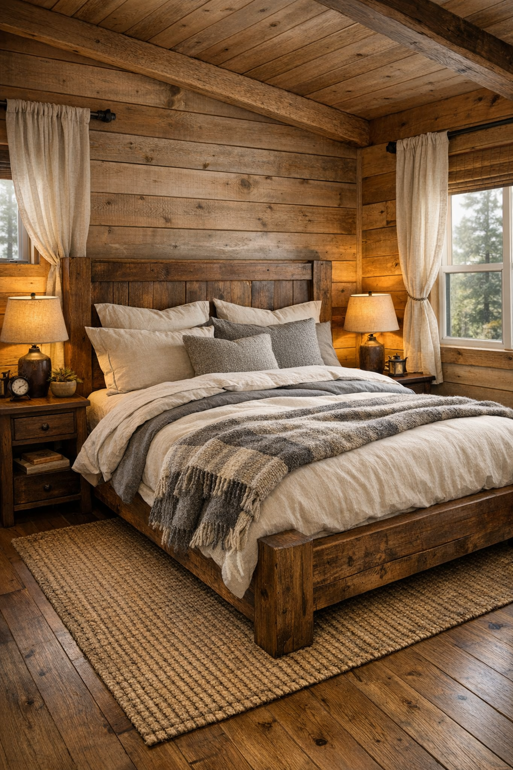 Cozy lodge bedroom with wood bed, layered bedding, and soft warm lighting