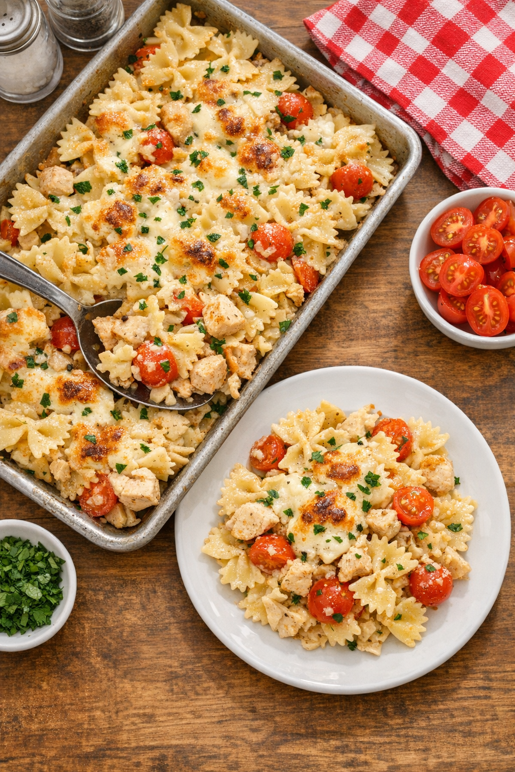 Finished baked bowtie pasta in a sheet pan