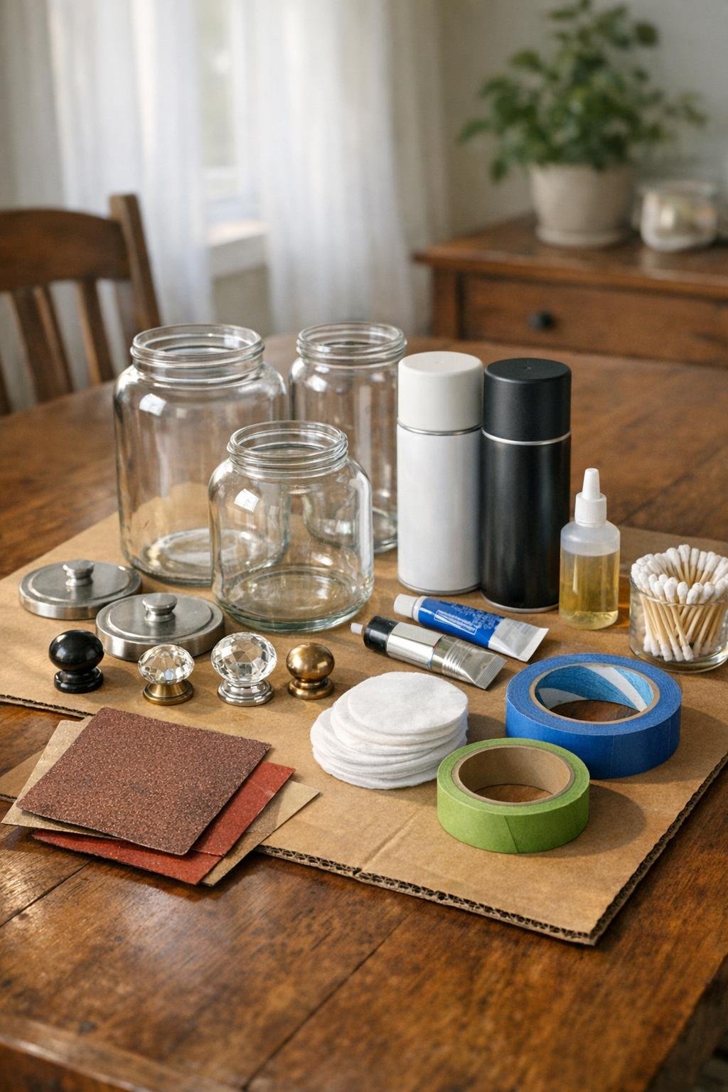 Craft materials grouped neatly for making apothecary jars