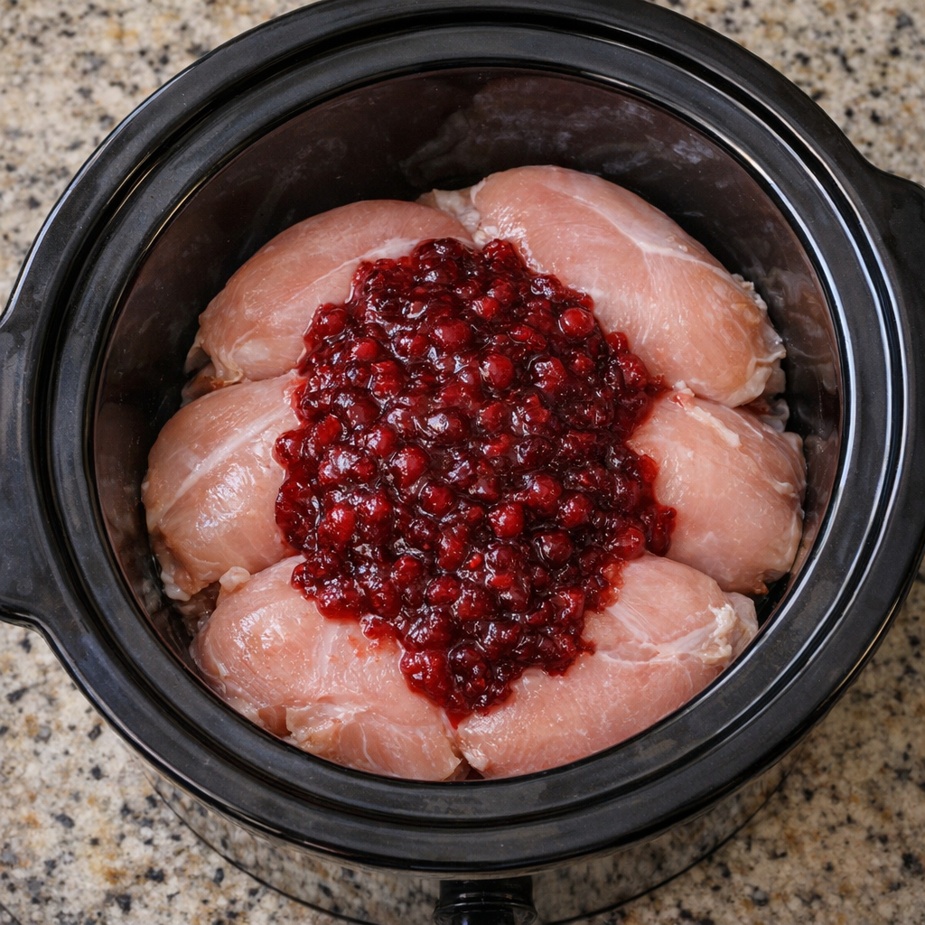Raw chicken breasts arranged in a slow cooker crock