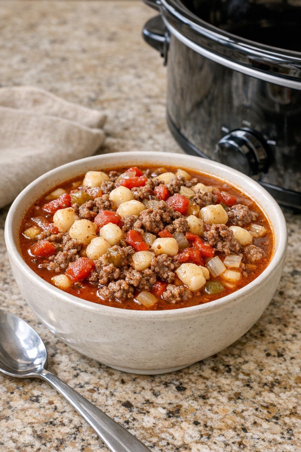 Finished beef and hominy stew in a bowl
