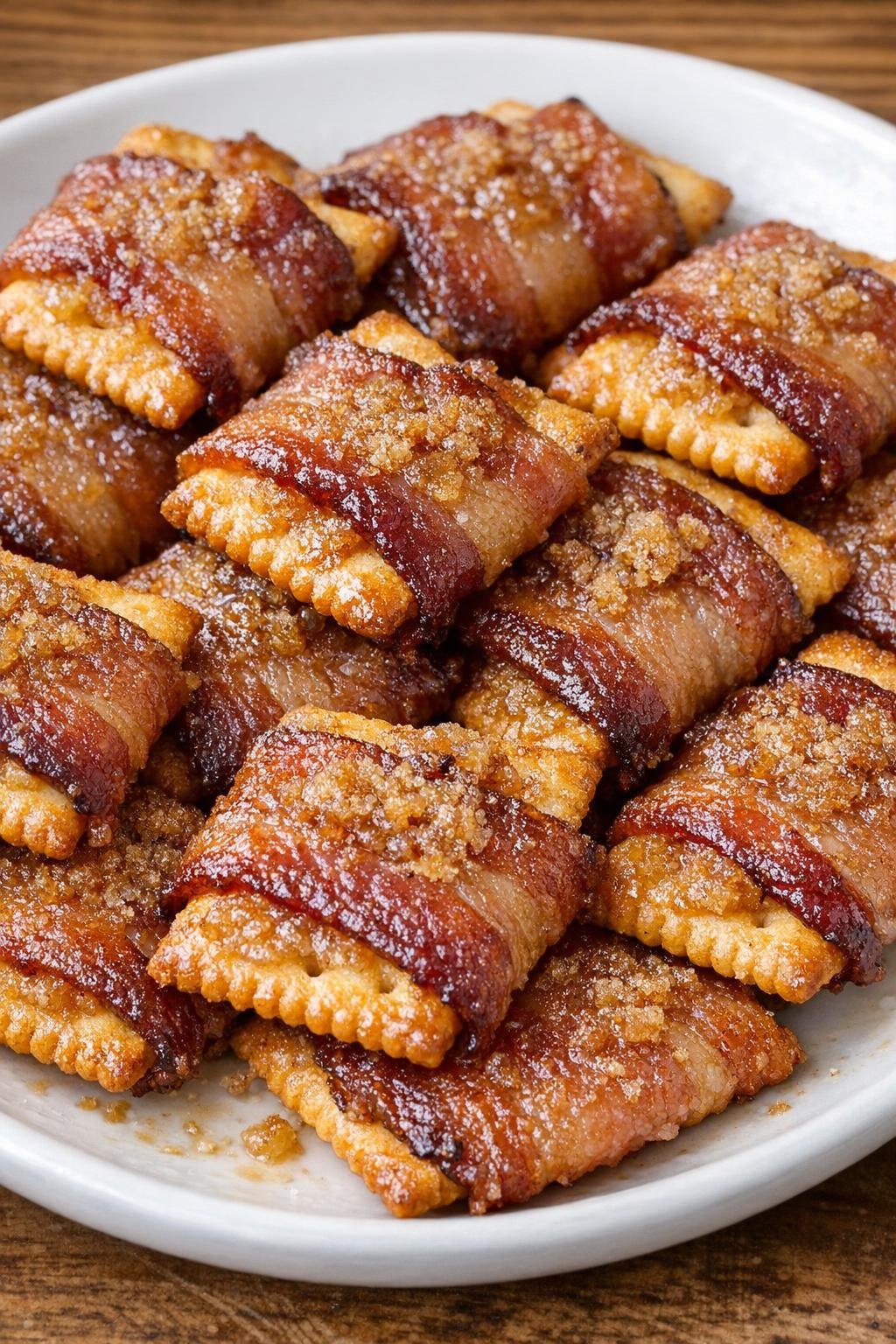 Southern 3-ingredient crispy bacon bites on a white ceramic plate