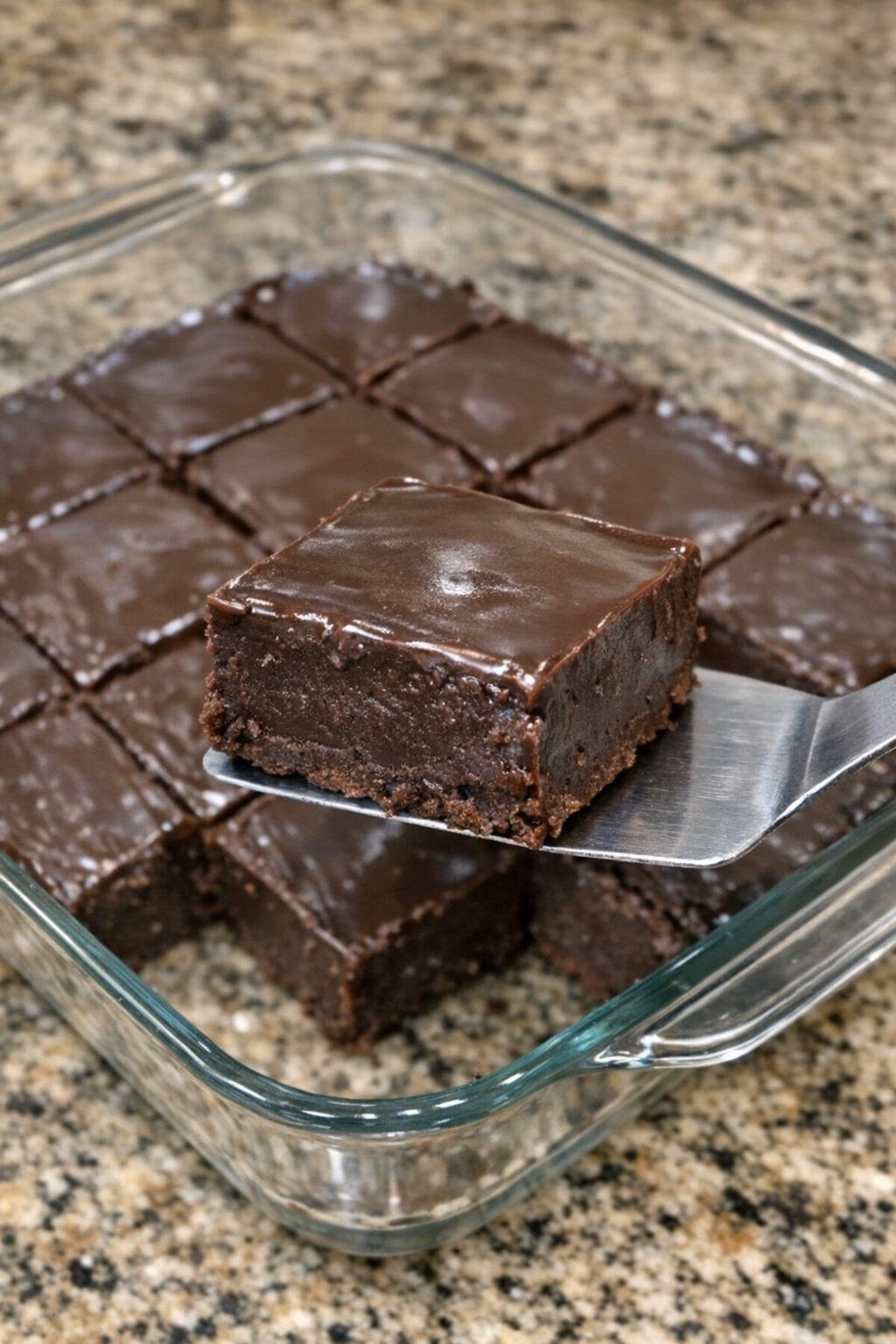 Chocolate squares in a glass baking dish