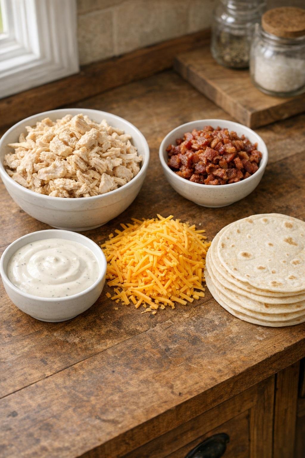 Kip, spek, ranchdressing, kaas en tortilla's uitgestald op een toonbank.