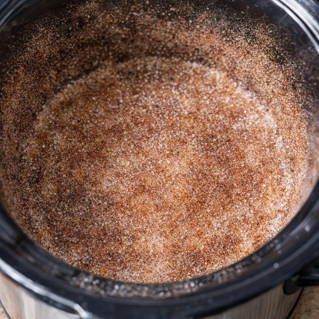 Cinnamon sugar coating the inside of a slow cooker insert
