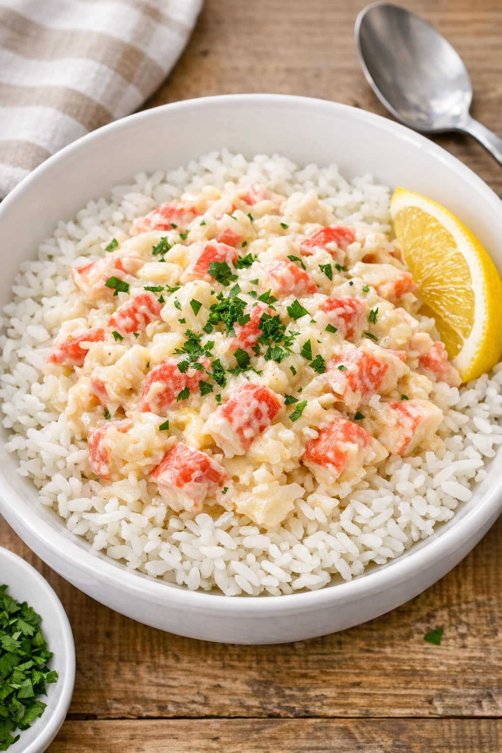 Creamy imitation crab flakes served over rice